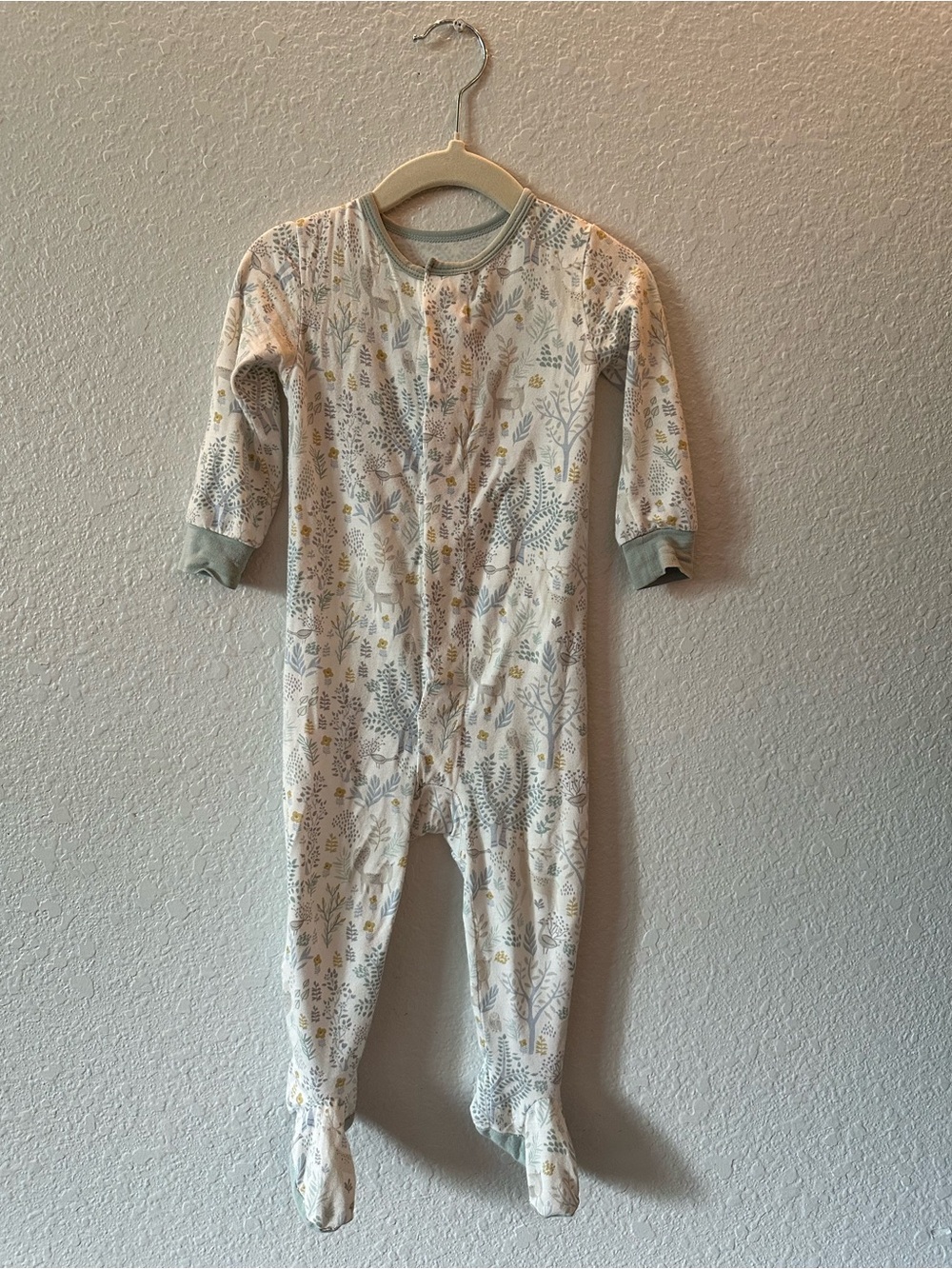 Magnetic Me // White Footie Pajamas with Sage & Yellow Woodland Print